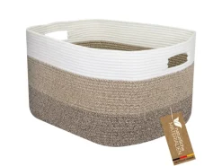 HMF XXL Wäschekorb Baumwolle Eckiger Aufbewahrungskorb Griffen 55 x 43 x 30 cm Weiß-Braun