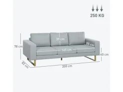 HOMCOM 3 Sitzer Sofa für Schlafzimmer 200 x 82 x 78 cm Hellgrau
