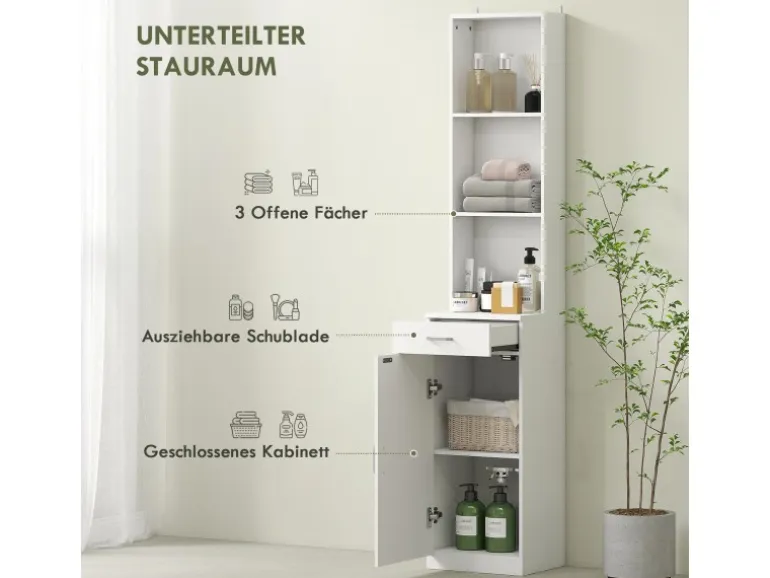 HOMCOM Badezimmerschrank Spanplatte 35L x 30,5B x 179H cm Weiß