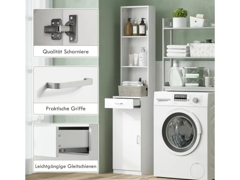 HOMCOM Badezimmerschrank Spanplatte 35L x 30,5B x 179H cm Weiß