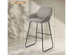 HOMCOM Barhocker 2er Set Gepolstert Barstuhl für Küche Wohnzimmer Grau