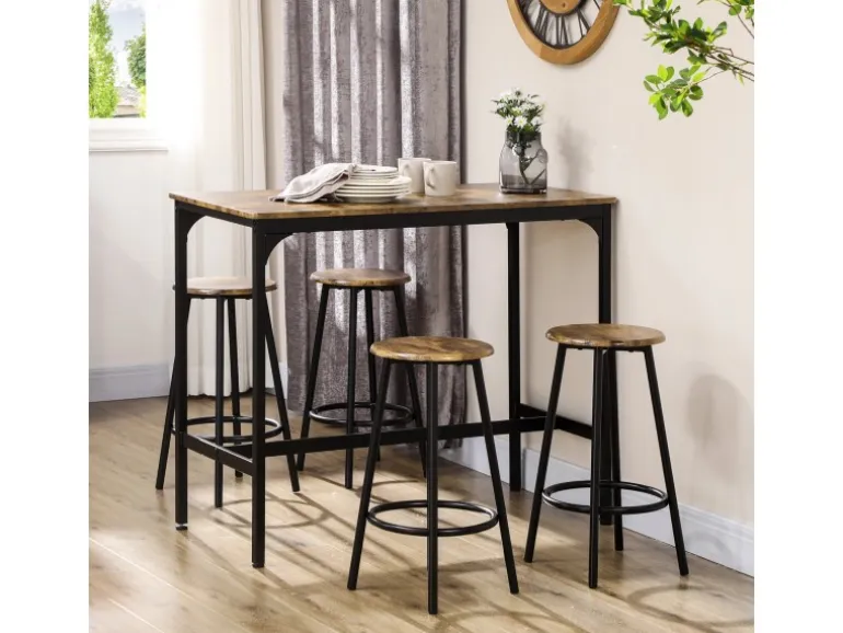 HOMCOM Bartisch mit Barhocker Set 5-tlg. im Industriedesign Rustikal-Braun