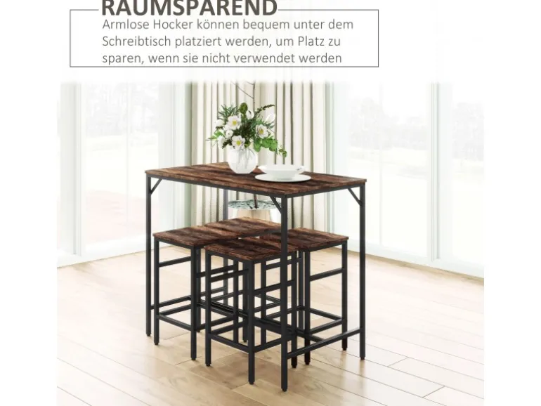 HOMCOM Bartisch mit Barhocker 5-Teilig Stahl Rustikal-Braun 100 x 60 x 88 cm