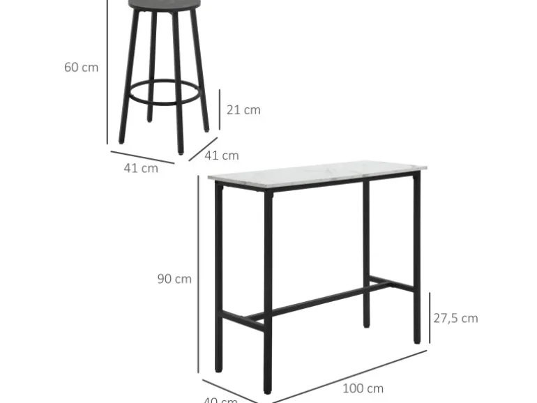 HOMCOM Bartisch mit Barhocker Set 3-Teilig Stahl Weiß Schwarz
