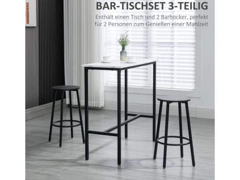 HOMCOM Bartisch mit Barhocker Set 3-Teilig Stahl Weiß Schwarz