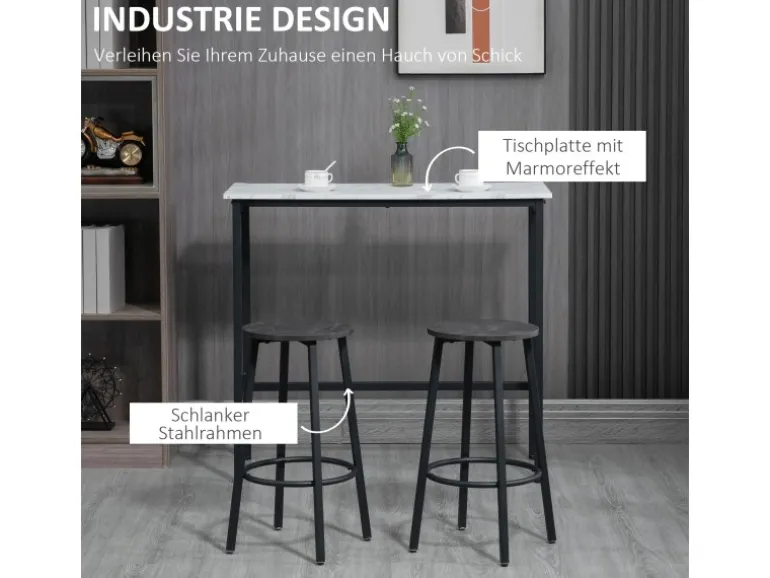 HOMCOM Bartisch mit Barhocker Set 3-Teilig Stahl Weiß Schwarz