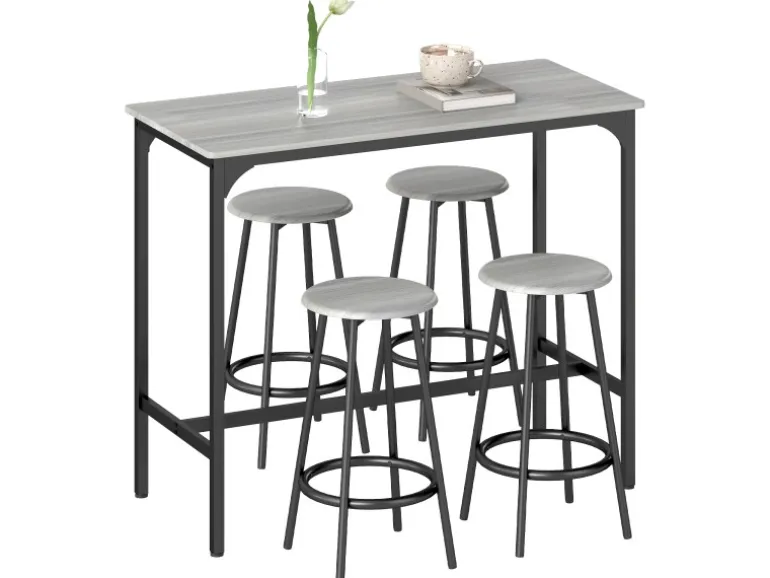 HOMCOM Bartisch Set mit 4 Barhocker MDF Metall Grau 110L x 50B x 89,5H cm