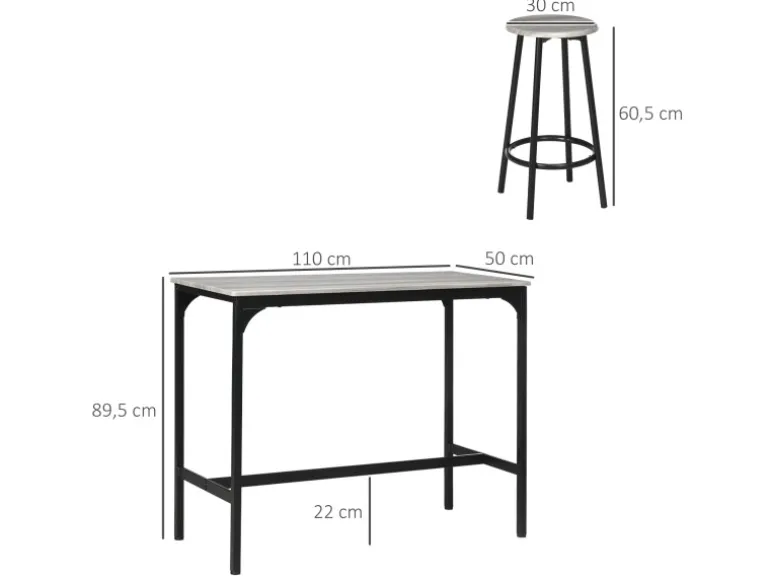 HOMCOM Bartisch Set mit 4 Barhocker MDF Metall Grau 110L x 50B x 89,5H cm