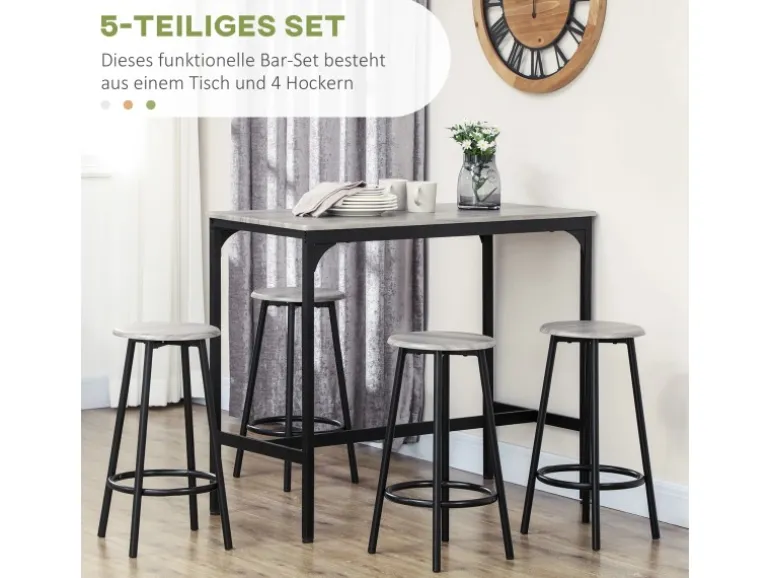 HOMCOM Bartisch Set mit 4 Barhocker MDF Metall Grau 110L x 50B x 89,5H cm