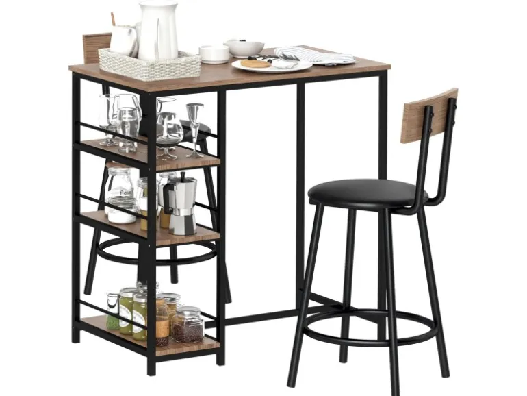 HOMCOM Bartisch Set mit Barhocker Set 3-tlg Stahl MDF Eiche 90L x 50B x 90,5H cm