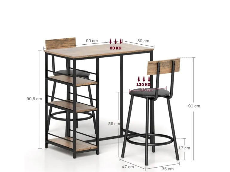 HOMCOM Bartisch Set mit Barhocker Set 3-tlg Stahl MDF Eiche 90L x 50B x 90,5H cm