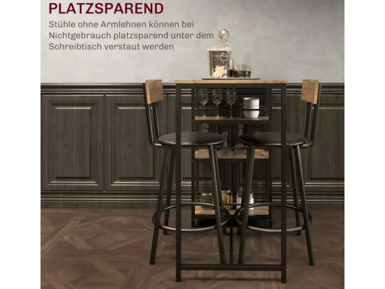 HOMCOM Bartisch Set mit Barhocker Set 3-tlg Stahl MDF Eiche 90L x 50B x 90,5H cm