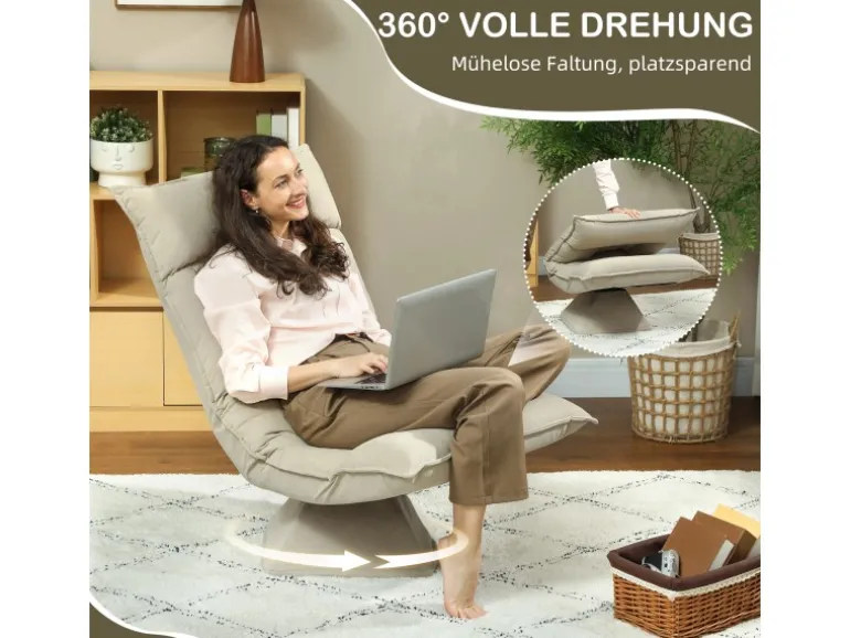 HOMCOM Bodenstuhl 360° Drehbar Bodensessel mit 5-Fach 70L x 62B x 95H cm Beige