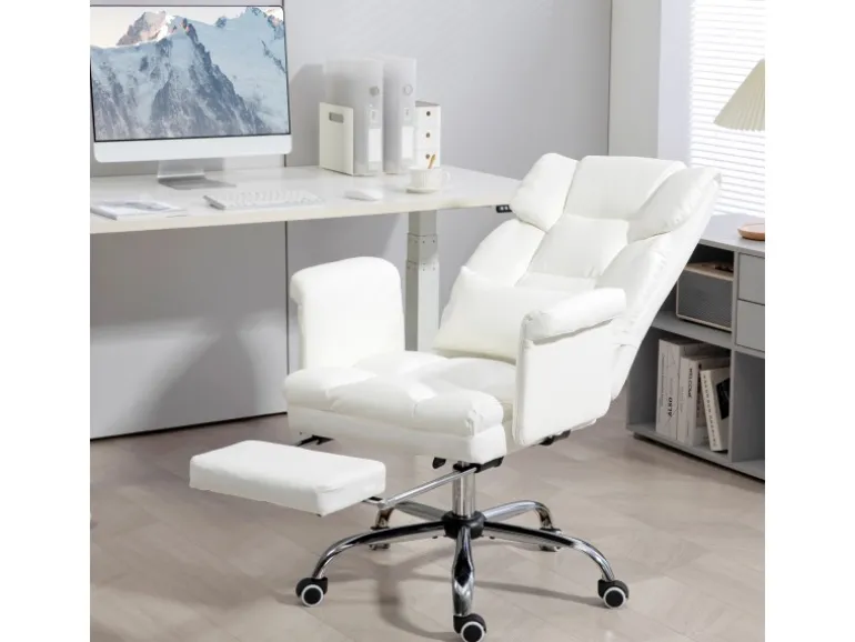 HOMCOM Bürostuhl mit Liegefunktion Kunstleder Weiß 69L x 65B x 107-115H cm
