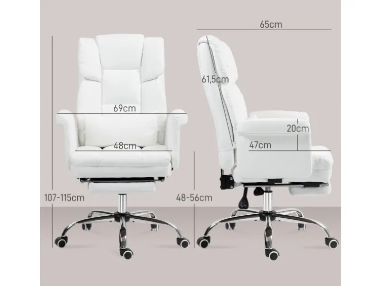 HOMCOM Bürostuhl mit Liegefunktion Kunstleder Weiß 69L x 65B x 107-115H cm