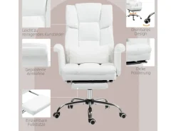 HOMCOM Bürostuhl mit Liegefunktion Kunstleder Weiß 69L x 65B x 107-115H cm