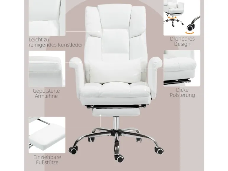 HOMCOM Bürostuhl mit Liegefunktion Kunstleder Weiß 69L x 65B x 107-115H cm