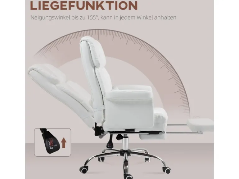 HOMCOM Bürostuhl mit Liegefunktion Kunstleder Weiß 69L x 65B x 107-115H cm