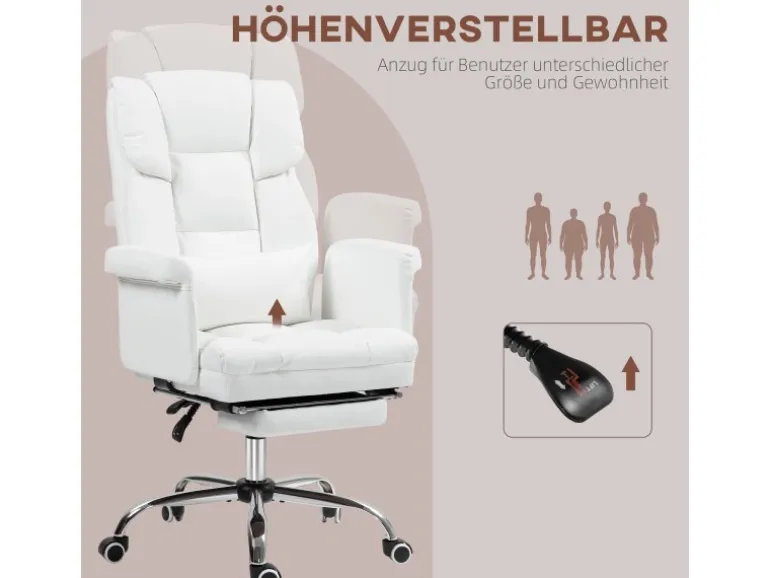 HOMCOM Bürostuhl mit Liegefunktion Kunstleder Weiß 69L x 65B x 107-115H cm