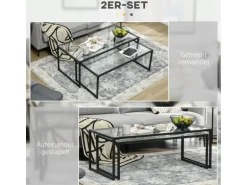 HOMCOM Couchtisch 2er-Set für Schlafzimmer Gehärtetes Glas Stahl Schwarz