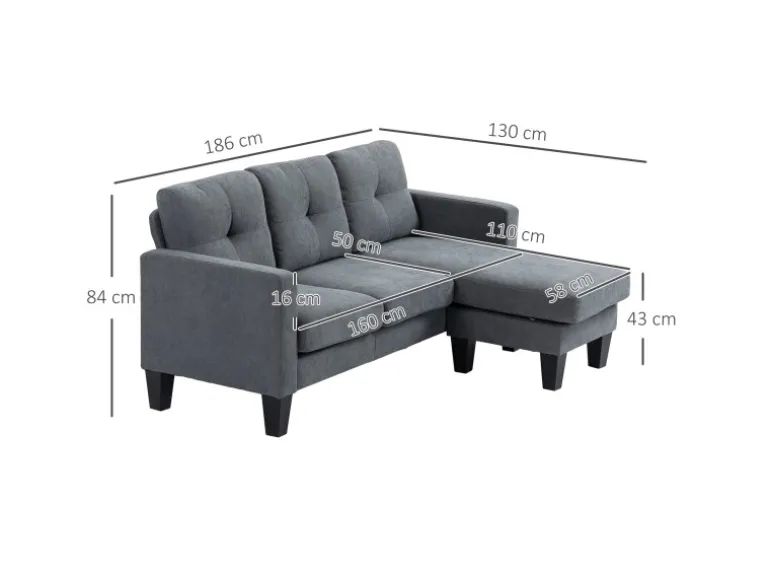 HOMCOM Ecksofa Polyester Schaumstoff 186L x 130B x 84H cm Dunkelgrau