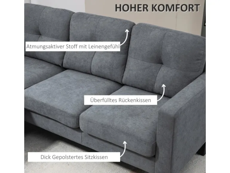 HOMCOM Ecksofa Polyester Schaumstoff 186L x 130B x 84H cm Dunkelgrau