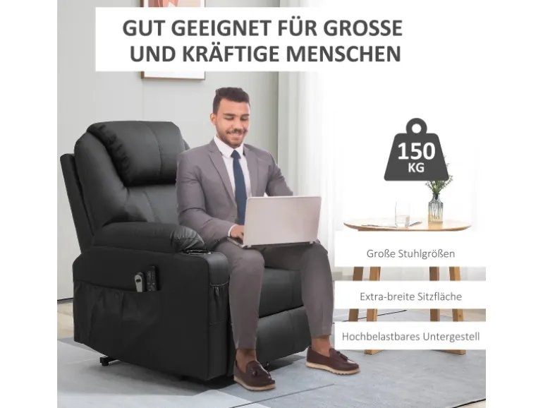 HOMCOM Elektrischer Aufstehsessel Kunstleder Stahl Schwarz 88L x 99B x 106H cm