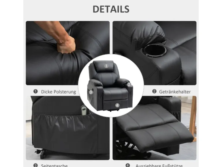 HOMCOM Elektrischer Aufstehsessel Kunstleder Stahl Schwarz 88L x 99B x 106H cm