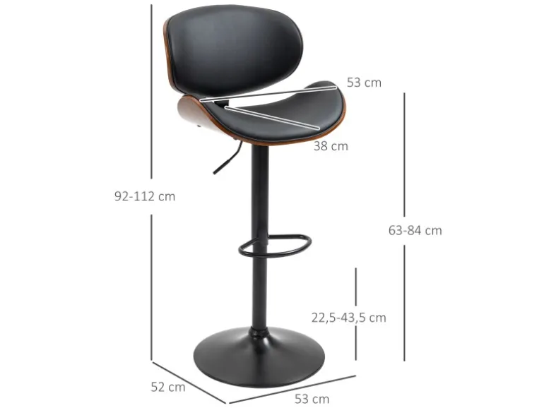 HOMCOM 2er-Set Barhocker Höhenverstellbar mit Fußstützen Schwarz 53 x 52 x 92-112cm