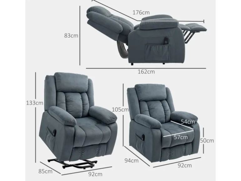 HOMCOM Fernsehsessel mit Aufstehhilfe Polyester Stahl Grau 92B x 94T x 105H cm