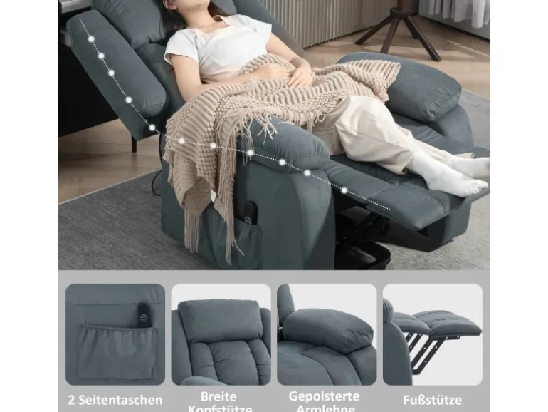 HOMCOM Fernsehsessel mit Aufstehhilfe Polyester Stahl Grau 92B x 94T x 105H cm