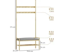 HOMCOM Garderobe mit Schuhbank Bambus Naturholz 73,5L x 34B x 171H cm