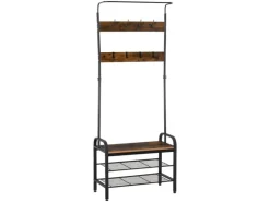 HOMCOM Garderobenständer mit 8 Haken 2 Ablagen MDF Schwarz 72 x 34 x 185 cm