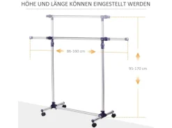 HOMCOM Garderobenständer mit Rollen Höhenverstellbar Edelstahl 86 x 45 x 95 cm