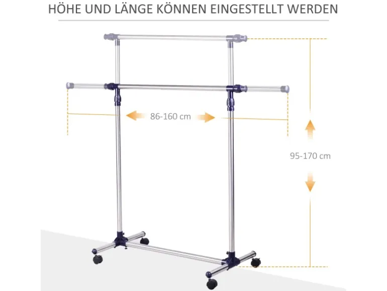 HOMCOM Garderobenständer mit Rollen Höhenverstellbar Edelstahl 86 x 45 x 95 cm