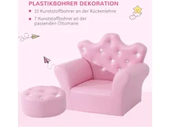 HOMCOM Kindersofa mit Ottomane in Kronenform Rosa 58 x 40,5 x 49 cm