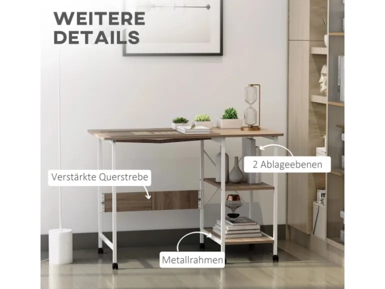 HOMCOM Klapptisch Mobiler Computertisch mit Rollen MDF Natur 107 x 55 x 76 cm