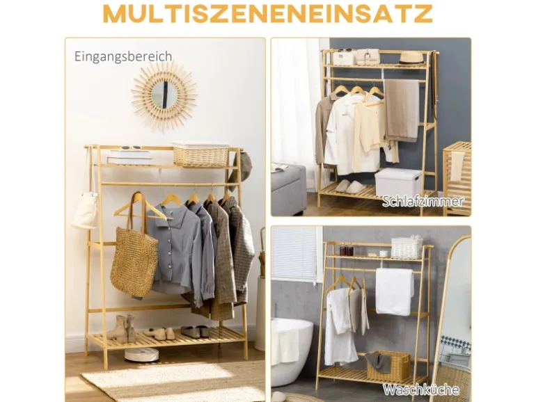 HOMCOM Kleiderständer mit Kleiderhaken Bambus Naturholz 114L x 40B x 139H cm