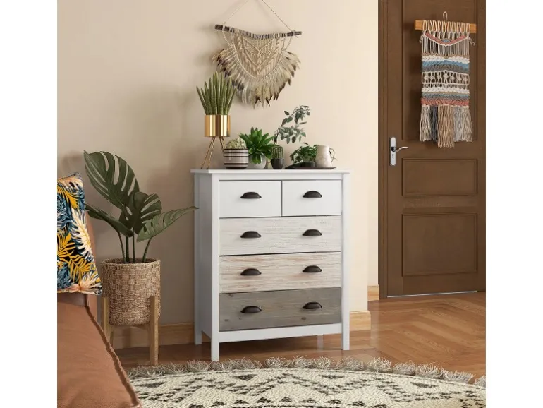 HOMCOM Kommode mit 5 Schubladen Griff Kippschutz Weiß 70 x 38 x 85 cm