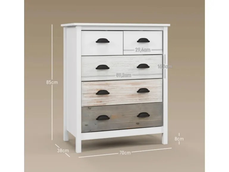 HOMCOM Kommode mit 5 Schubladen Griff Kippschutz Weiß 70 x 38 x 85 cm