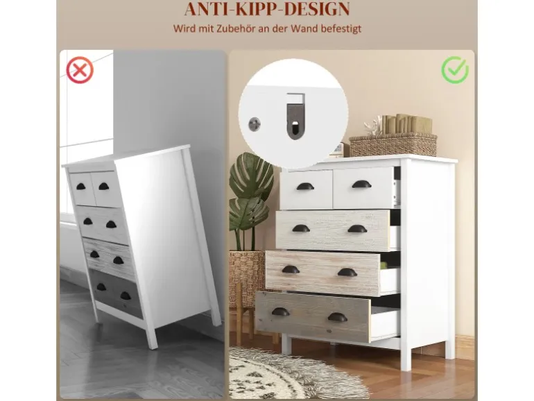 HOMCOM Kommode mit 5 Schubladen Griff Kippschutz Weiß 70 x 38 x 85 cm