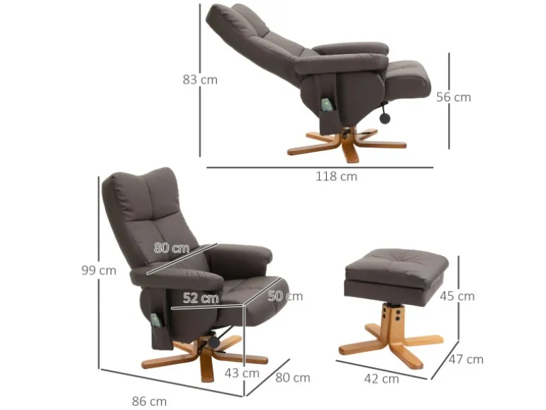 HOMCOM Massagesessel mit Fußhocker 145 Grad Neigbar Braun 80 x 86 x 99 cm