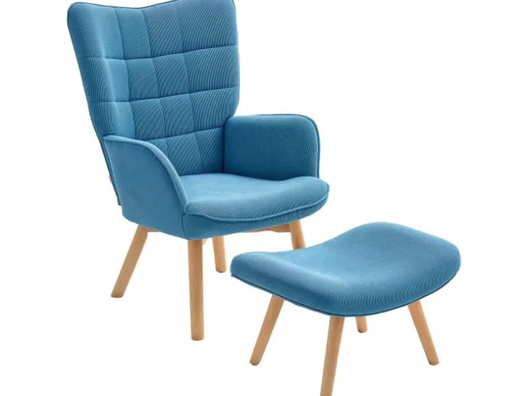 HOMCOM Ohrensessel mit Hocker für Wohnzimmer Kord Blau 72L x 80B x 101H cm