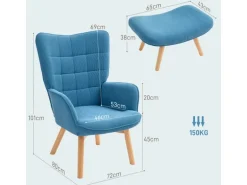 HOMCOM Ohrensessel mit Hocker für Wohnzimmer Kord Blau 72L x 80B x 101H cm