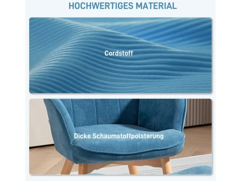 HOMCOM Ohrensessel mit Hocker für Wohnzimmer Kord Blau 72L x 80B x 101H cm