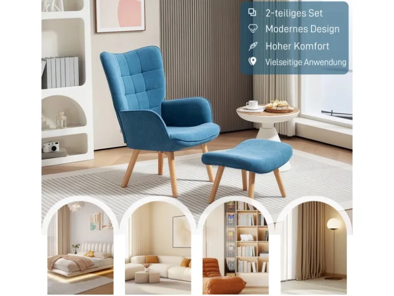 HOMCOM Ohrensessel mit Hocker für Wohnzimmer Kord Blau 72L x 80B x 101H cm