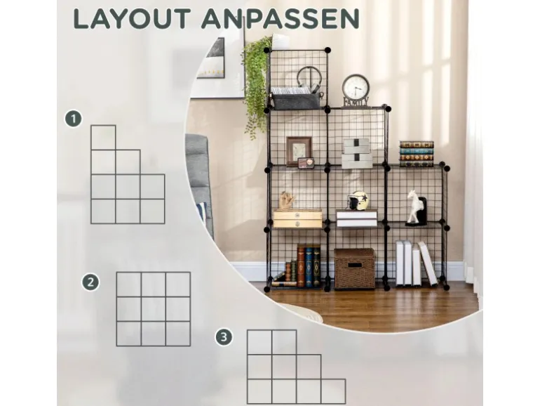 HOMCOM Regalsystem aus Stahldraht DIY 9 Fächer Schwarz 35 x 35 x 35 cm Je Würfel