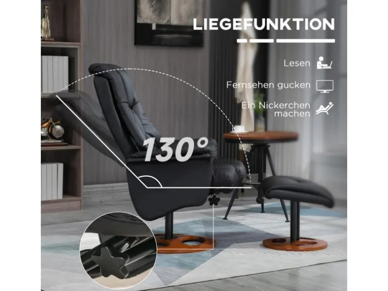 HOMCOM Relaxsessel mit Hocker 130 Grad Neigbar Kunstleder Schwarz 77 x 89 x 110 cm