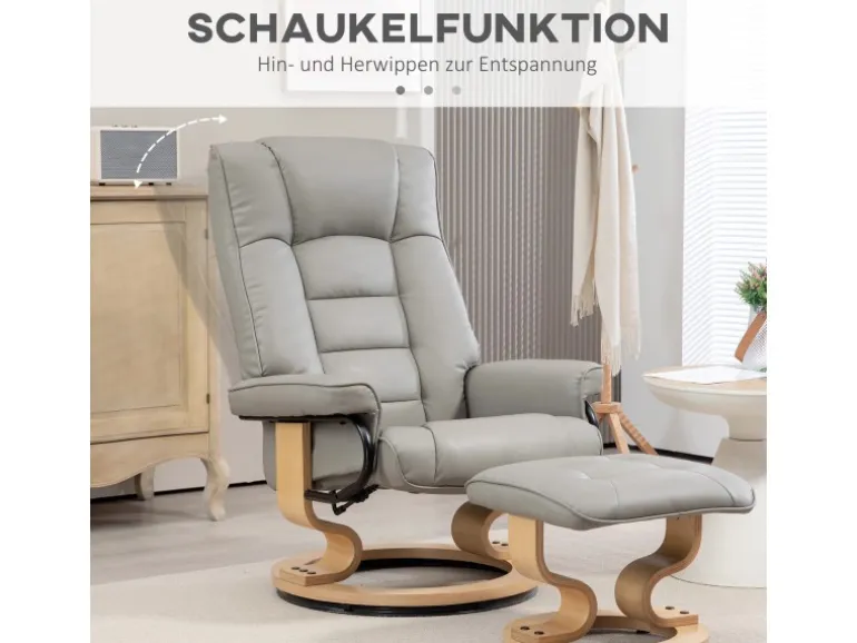 HOMCOM Relaxsessel mit Hocker Drehbar mit Liegefunktion Belatbar Kunstleder Grau