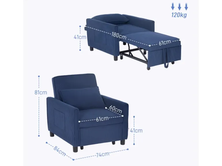 HOMCOM Schlafsessel Polyester Eukalyptusholz Blau 74L x 84B x 81H cm